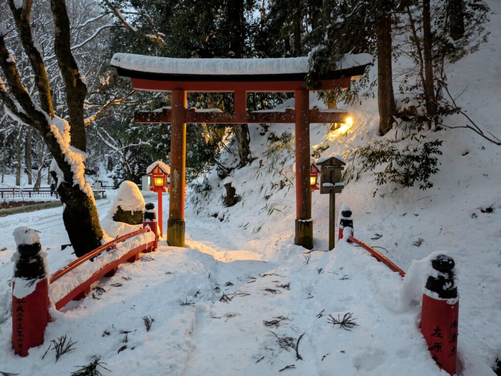 思ひ川の鳥居裏雪